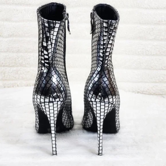 Mack J Shiny Silver Tile Print 4.5" High Heel Ankle Boots - Picture 7 of 9